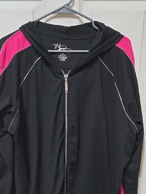 MV Sport Women's Black Hooded Zip Jacket with Pink Shoulder Panels